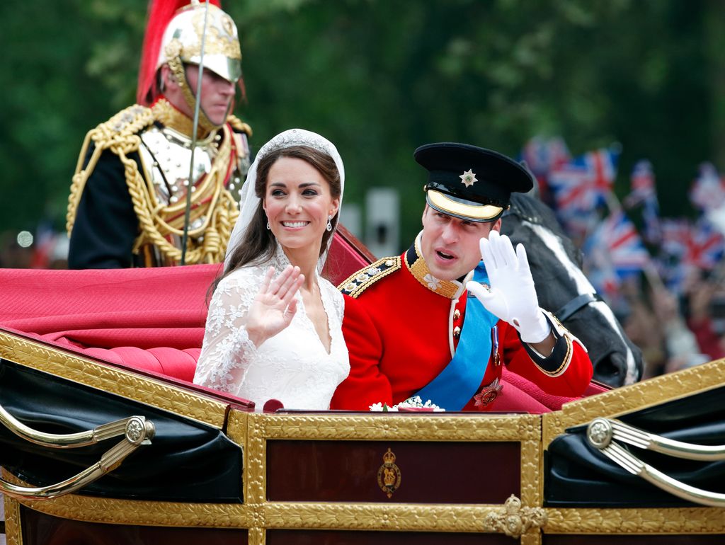 Kate Middleton and Prince William wave from State Landau horse drawn carriage
