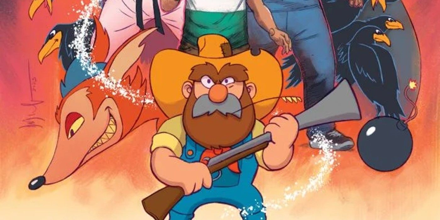 Cartoonish man similar to Yosemite Sam holding a gun and standing in front of Uncanny Valley protagonist, Oliver