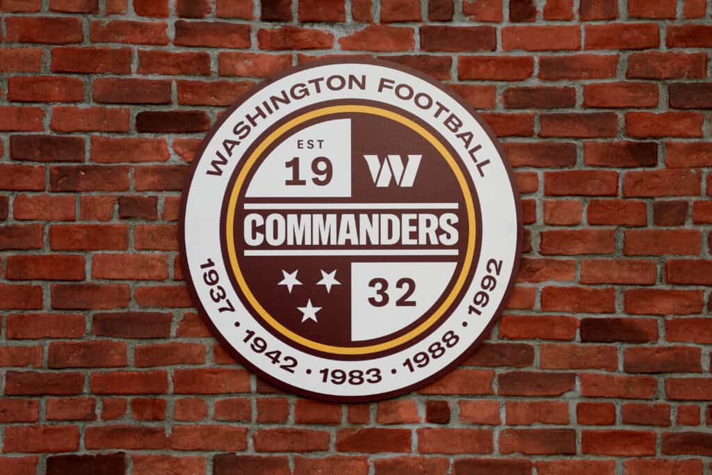 LANDOVER, MARYLAND - FEBRUARY 02: A detailed view of a Washington Commanders logo during the announcement of the Washington Football Team's name change to the Washington Commanders at FedExField on February 02, 2022 in Landover, Maryland.