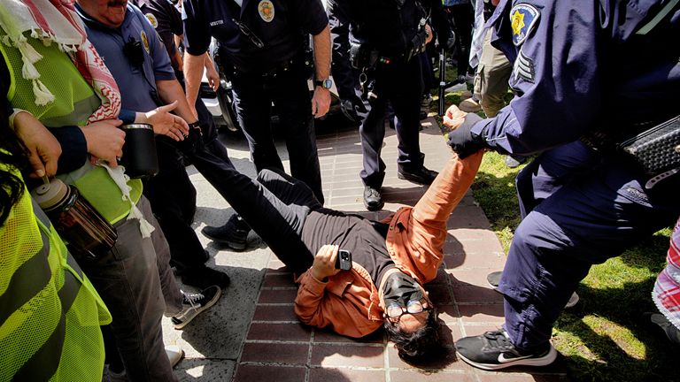 A protester is arrested at the University of Southern California.  Photo: AP